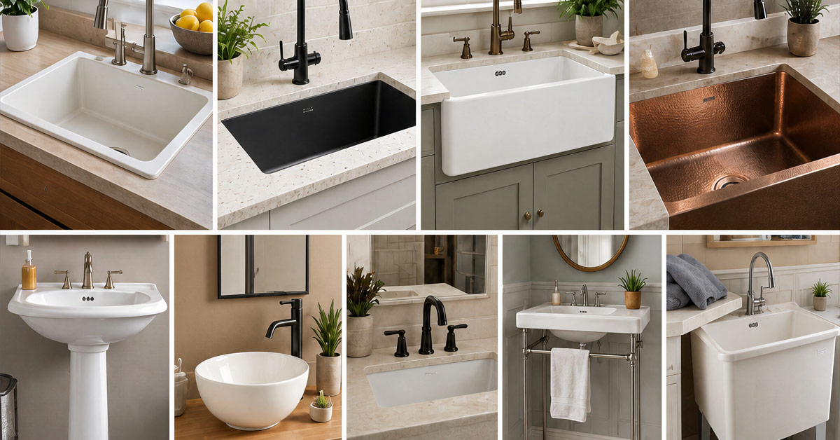 Collage of different sinks you find in a house.